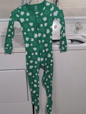 Place Green One-Piece Footie with White Shamrock 4 Leaf Clover Print
